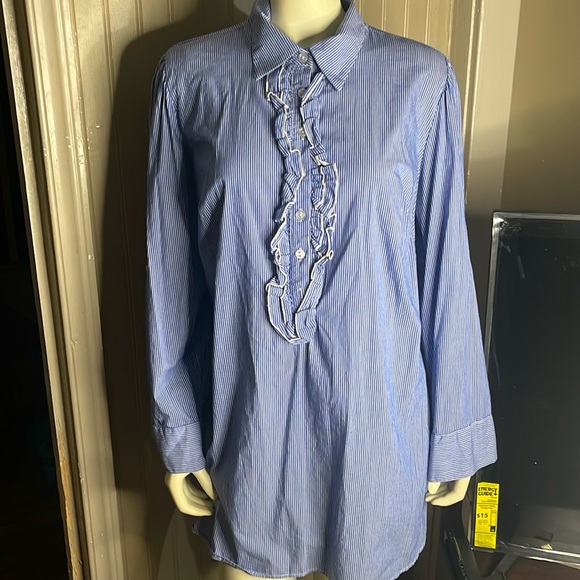 Lane Bryant Blue & White Pinstripe Ruffle Plus Size Blouse Size 14/16 - Picture 1 of 4